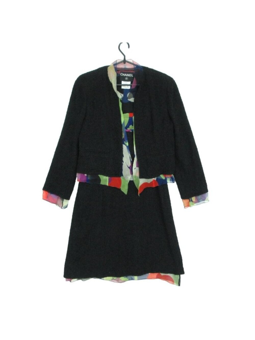 Chanel Tweed Suit Color Jacket Camisole Skirt Lining Allover Pattern Silk